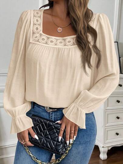 EMERY ROSE Plusstorlek Dammode Elegant Långärmad Blus med Fyrkantig Krage