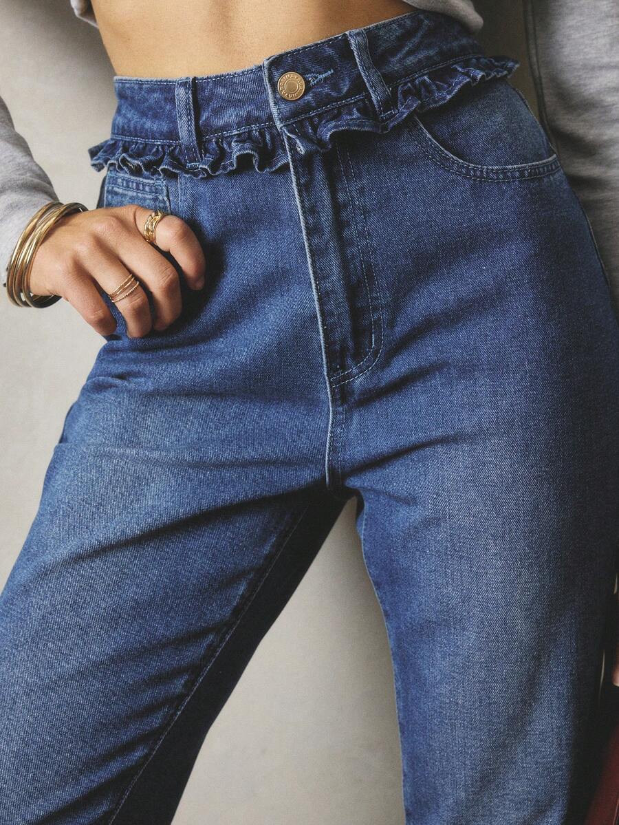 Aralina 女士休闲秋冬高腰喇叭牛仔裤，腰部有荷叶边，非常适合外出穿着 - 藍色 - 查看 1