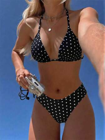 Swim Mod 2026 Spring/Summer Women's Polka Dot Print Halter Neck Swimsuit With High Cut Bottoms, 2-Piece Bikini Set