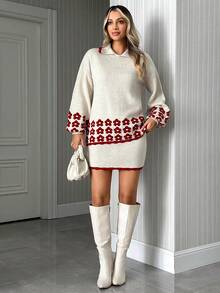 EURMUSE Women Cute Beige Knit Sweater With Red Floral Hem And Contrast Collar & Mini Skirt 2Pcs Set - Beige - View 6