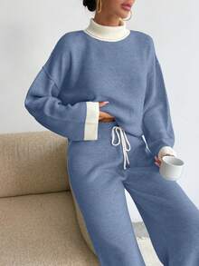 EURMUSE WOMEN HİGH NECK SOFT TOUCH SWEATERAND PANT Two Pieces OUTFİT CO-ORDS,Loungewear Set,Petite,Winter Clothes - Baby Blue - View 3