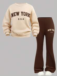 SHEIN 2 Stücke/Set Tween Mädchen Oversized Lässig Einfarbig Khaki Buchstaben Muster Langarm Sweatshirt und weite Hose 2 Stücke Set, Rückkehr zur Schule