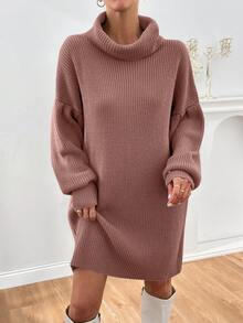 EURMUSE Vestido de suéter con cuello alto y mangas abullonadas para mujer - Rosa vieja - Ver 3