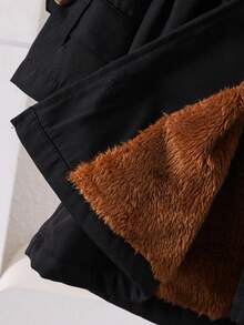 SHEIN Playful Pals Baby Girls 0-3yrs Toddler Girls' Coffee Plush Lined Hooded Khaki Long Sleeve Jacket, Fashionable And Versatile For Autumn/Winter Baby Girl Coat - Black - View 4