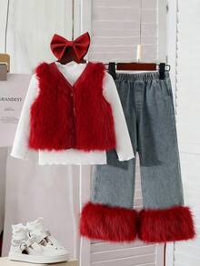 Elladie kids 3件組女童冬季套裝－長袖荷葉邊內搭衫＋毛絨背心＋丹寧拼接毛絨長褲，韓系女童秋季新款白色套裝 - 紅色 - 查看 1