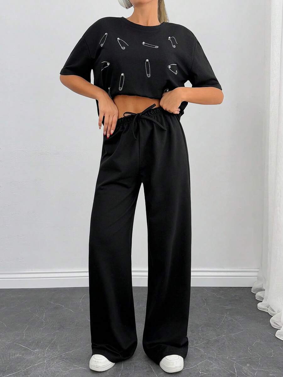 EURMUSE 2 Pcs, Rhinestone Details T-Shirt & Wide Leg Pant - Black - View 1