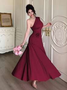Modelyn 1 chiếc váy ôm dáng xếp ly không tay dành cho nữ, màu trơn - Màu Đỏ Sâu - Xem 6