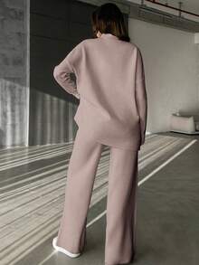EURMUSE 2pcs/Set Women Solid Color Patchwork Long Sleeve Minimalist Top And Pants Set - Pink - View 2
