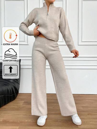 EURMUSE Petite Women's Half-Zip Sweater And Sweater Pants Two Pieces Set,Co Ord,Winter Clothes