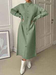 EURMUSE Đầm Maxi Cổ Lọt Khe Vai Rỗng Quá Khổ Thanh Lịch Có Nút - Màu xanh Bạc hà - Xem 4