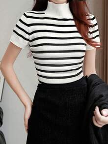 Almamuse 立领条纹印花修身短袖针织上衣
