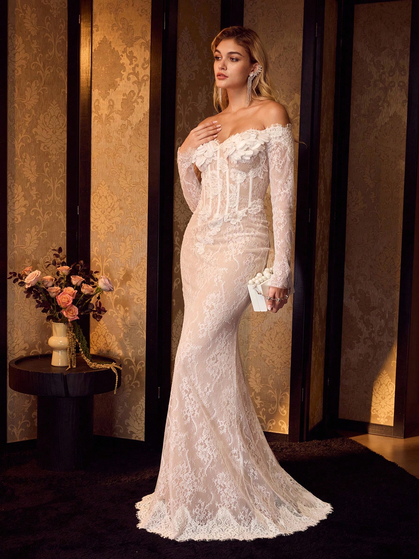 MOTF Soiréza 여성용 오프숄더 플로럴 장식 긴소매 섹시한 레이스 칵테일 드레스｜Motf, image size:1340x1785