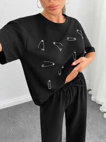 EURMUSE 2 Pcs, Rhinestone Details T-Shirt & Wide Leg Pant - Black - View 5