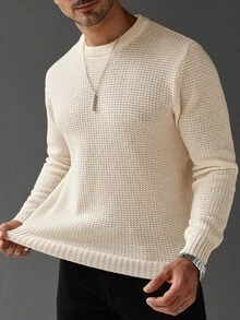 Manfinity Homme 加大码男士纯色圆领长袖休闲针织套头毛衣，秋冬季 - 米色 - 查看 1