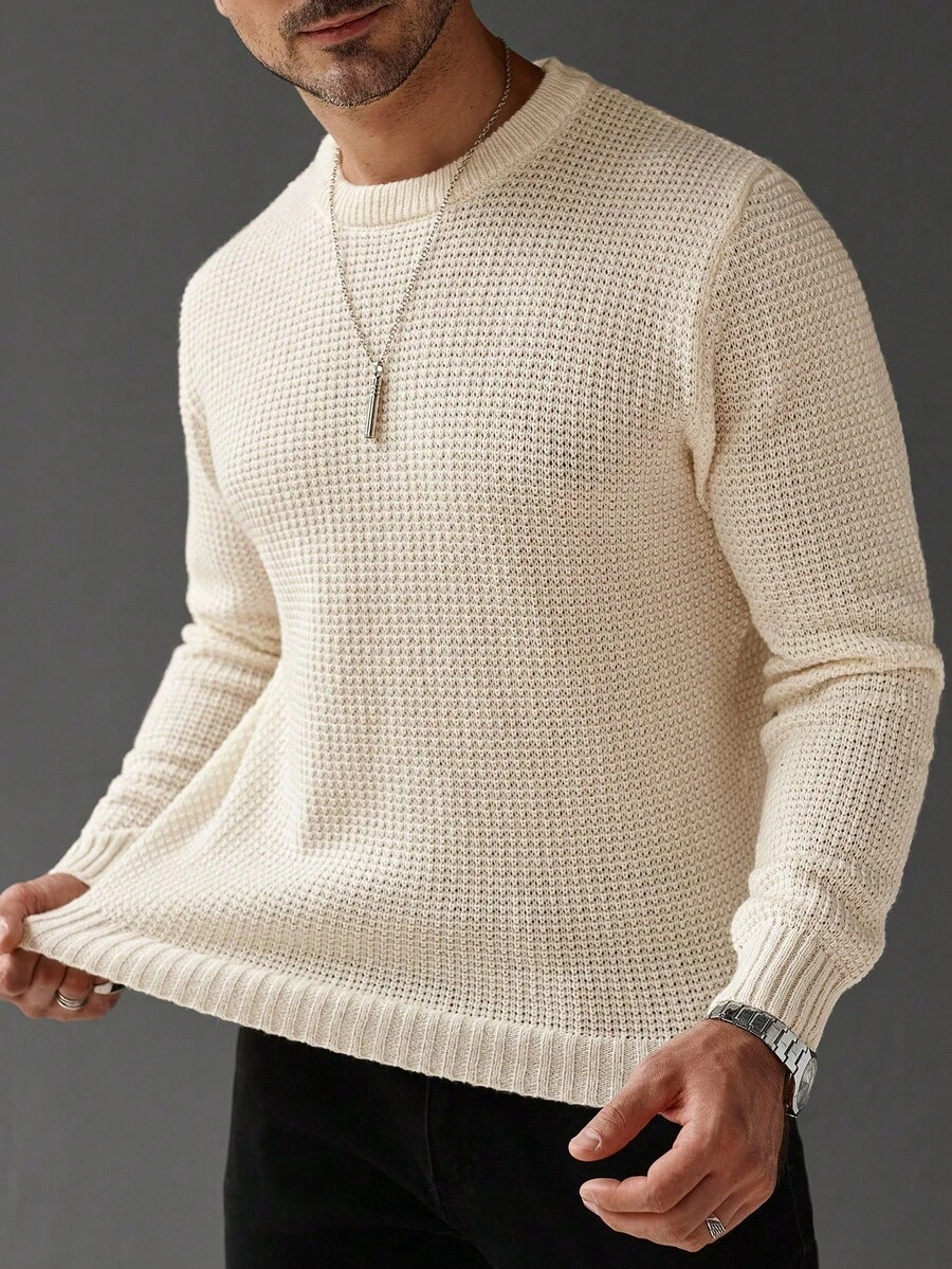 Manfinity Homme 加大码男士纯色圆领长袖休闲针织套头毛衣,秋冬季 - 米色 - 查看 1