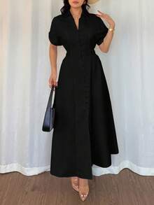 Rafferiza Women's Casual Shirt Dress With Button Front, Raglan Sleeves And Waist Cinching - Black - View 5