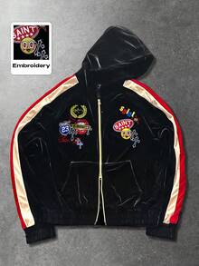 ROMWE MEN Street Life 男士拼色天鹅绒连帽卫衣，长袖街头卫衣 - 黑色 - 查看 3