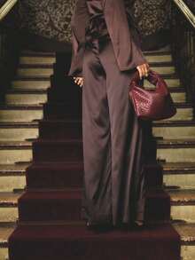 Aralina 女士优雅中腰高腰宽松阔腿简约时尚度假缎面裤棕色裤子新年圣诞节丝绸裤缎面裤舒适裤 - 棕色 - 查看 2