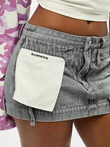 SUMWON WOMEN Deconstructed Denim Mini Skirt With Contrast Panel Detail Casual Street Style Bottom - Light Grey - View 8