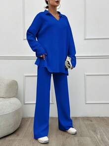 SHEIN Tall 2pcs/Set Solid Color Turn-Down Collar Sweater And Long Pants Outfit,Petite,Winter Clothes - Royal Blue - View 4