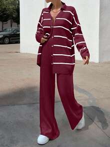 Women Striped Sweater Cardigan And Pant Set,Petite Co Ord,Co Ord,Petite,Winter Clothes - Burgundy - View 5