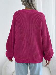 EURMUSE 女士纯色圆领落肩厚实套头衫 - 粉色 - 查看 2