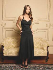 Aralina Christmas Party Vacation Holiday Dress Women's 2pcs Low Scooped Halter Ruched Side Top With Buttons Slim Fit And Ruched Side Flowy Midi Skirt Flared Hem Elegant Vacation Outfits Women Party Midi Dress Elegant Outfit For Christmas And New Years Top And Skirt Set - Black - View 8