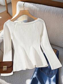 SHEIN Clasi Áo len chui đầu tay dài cổ tròn màu trơn cỡ lớn có nút trang trí - trắng - Xem 2