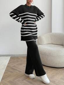 EURMUSE Women Stripe Pattern Button Detailed Round Neck Drop Shoulder Pullover & Sweater Pants Set - Black - View 6