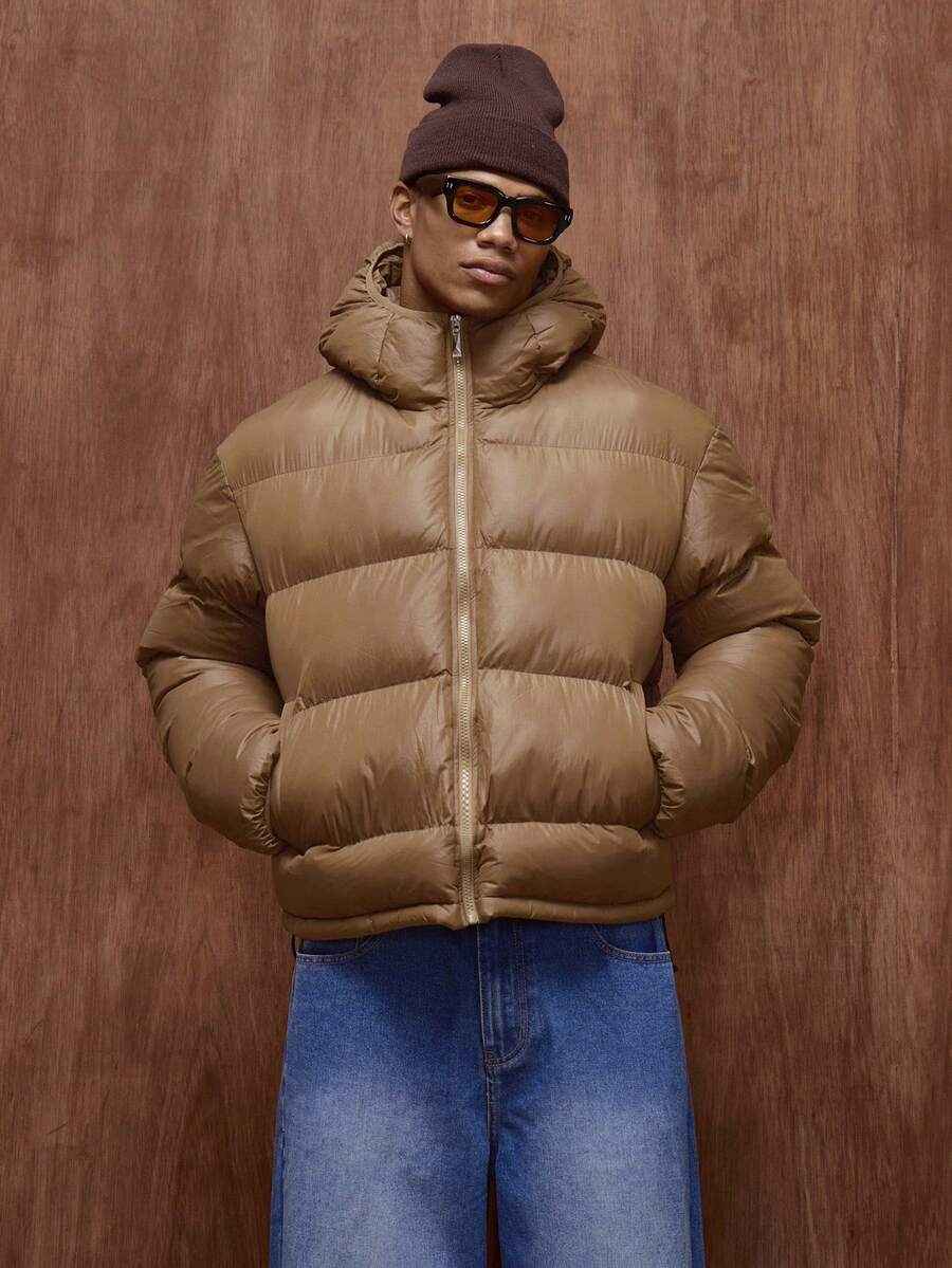 Musero 男士哑光轻薄连帽长袖拉链加厚羽绒服/冬季 - 棕色 - 查看 1