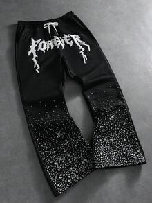 Manfinity Roghcode Pantalones de chándal casuales con cordón en la cintura, decorados con aplicación de letras y rhinestones para hombres - Negro - Ver 3