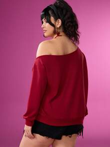 Betty Boop x SHEIN Plus Size Women Casual Fashionable Street Letter & Cartoon Figure Graphic Asymmetrical Neck Loose Sweatshirt, Spring/Autumn - Red - View 2