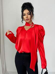 Elenzga Chemisier élégant à col ras du cou pour femme, nouvelle collection printemps/automne, avec décoration métallique, plissé devant et dos en satin hautement élastique, boutonnage décoratif, idéal pour le bureau, les vacances et les rendez-vous pour les femmes de 20 à 35 ans et plus. Luxueux, gracieux, polyvalent, idéal pour les déplacements quotidiens. Chemisier à manches longues à la mode. - Rouge - Voir 5