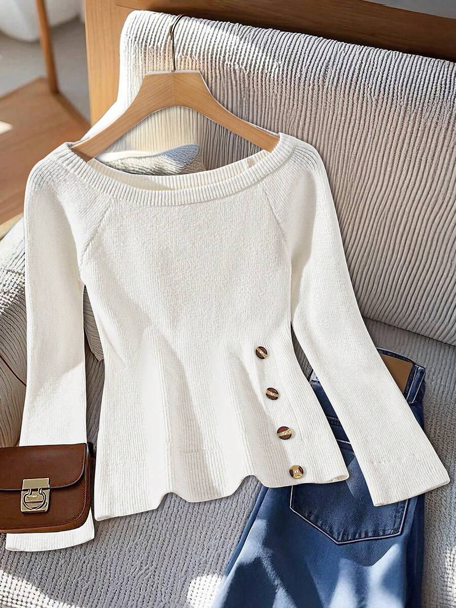 SHEIN Clasi Áo len chui đầu tay dài cổ tròn màu trơn cỡ lớn có nút trang trí - trắng - Xem 1