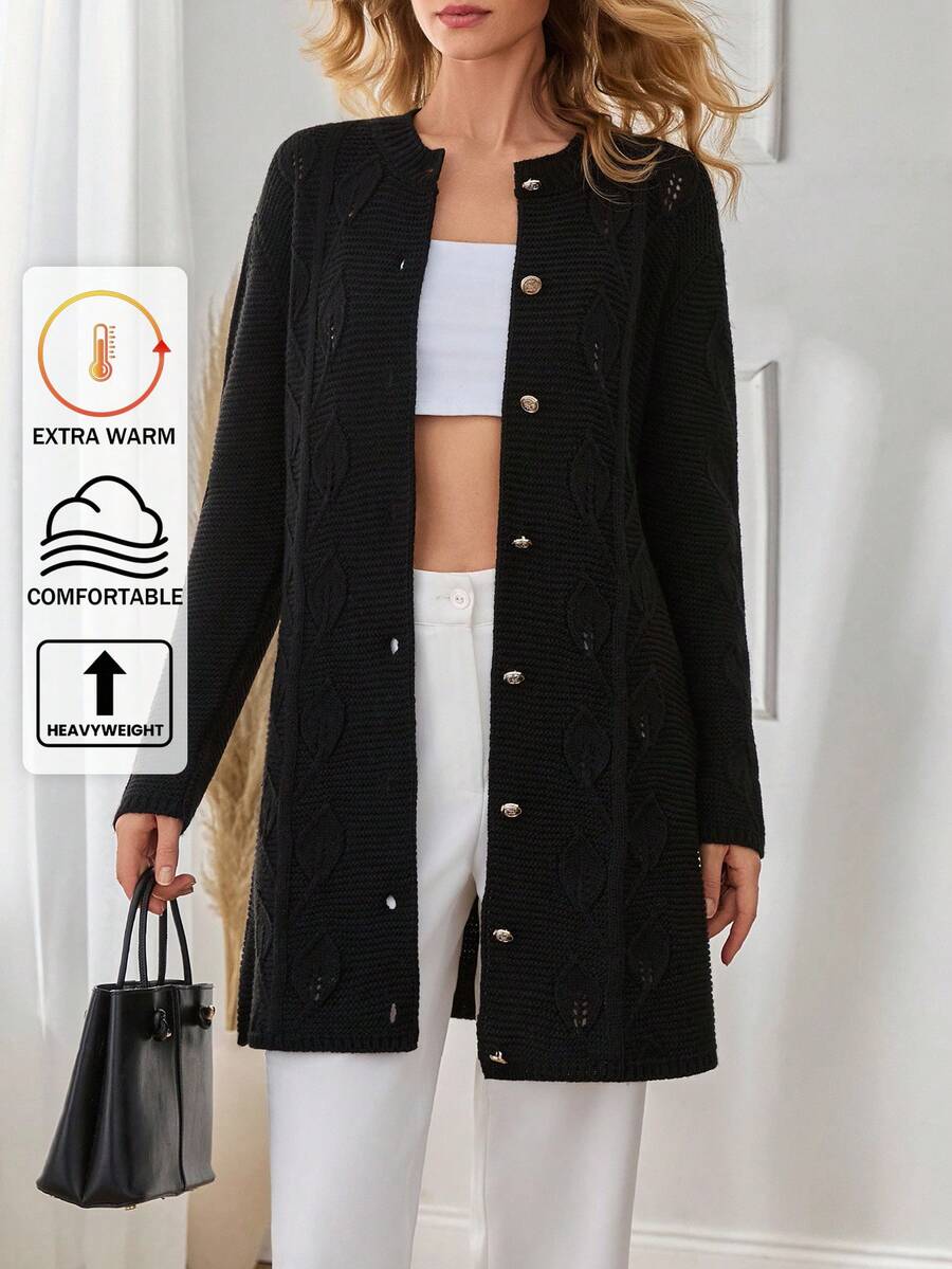 SHEIN Tall Tall Size Women Solid Color Gold Button Detailed Long Sleeve Long Length Casual Cardigan,Petite Cardigans,Cardigans - Black - View 1