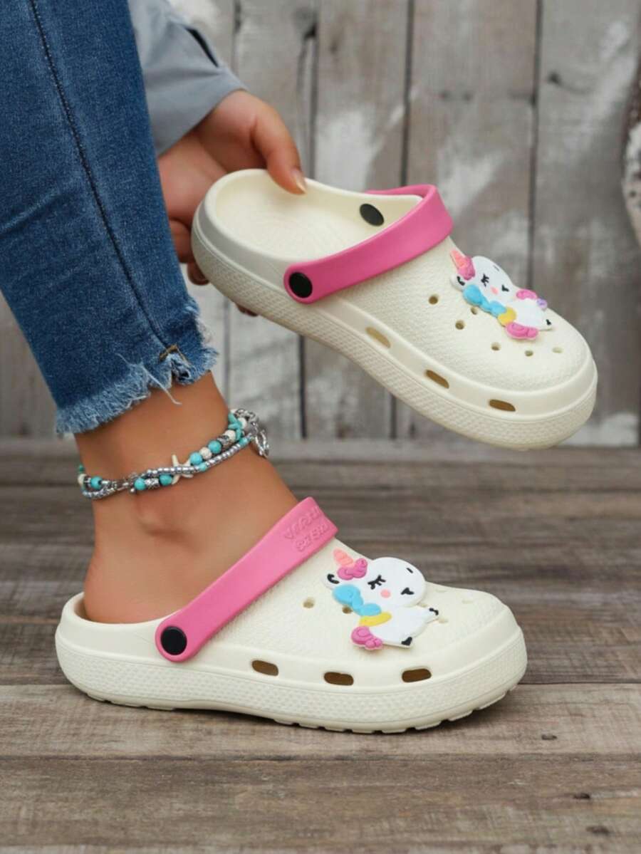 Sandalia tipo para niña con unicornio, punta redonda, correa trasera, antideslizante, estilo casual para casa y exterior - Beis - Ver 1
