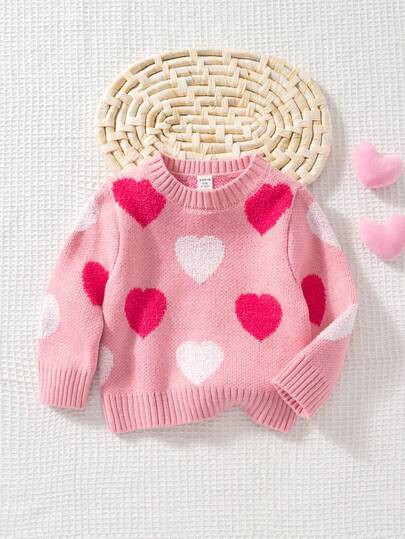SHEIN Playful Pals Baby Girl Crew Neck Long Sleeve Cute Heart Graphic Pullover Sweater, Jumper Fall Winter