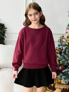 SHEIN Tween-Mädchen Lässiger, locker geschnittener Strickpullover in Burgunderrot, Herbst/Winter, ideal für Weihnachten und den Alltag, auch als Partnerlook-Pullover für Mutter und Kind geeignet - Bordeaux - Übersicht 6