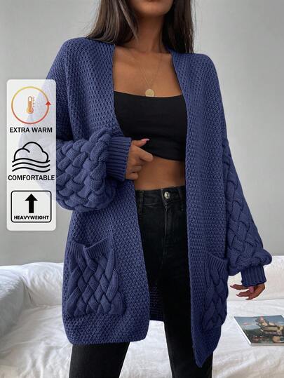 EURMUSE Dual Pocket Drop Shoulder Open Front Cardigan