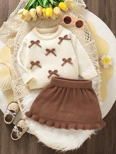 2 piezas Conjunto de suéter y falda para bebé/niña pequeña: Blusa de manga larga con cuello redondo + Falda con volantes en el bajo, dulce y minimalista
