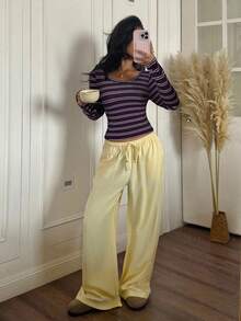 SHEIN EZwear 大码女式条纹圆领长袖休闲家居服T恤 - 彩色 - 查看 6