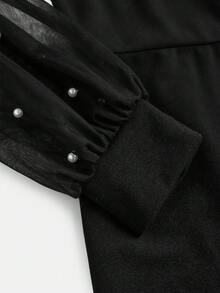 Pitira 少女针织撞色网眼串珠圆领长袖连体裤 - 黑色 - 查看 4