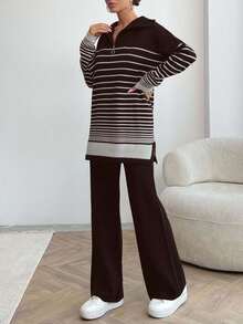 EURMUSE Women Solid Color Asymmetric Stripe Pattern Collar Neck Zipper Drop Shoulder Pullover & Sweater Pants Set, Petite, Winter Clothes - Brown - View 3
