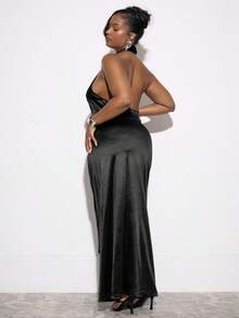 MUSERA Plus Size Halter Neck Knot Detail Sleeveless Satin Look Maxi Dress  Winter, Going Out, Night Out, Sexy, Curve, Birthday, Allure Party,  Party, NYE, Occasion  Party Elegant  Chic Festive, Holidays - Black - View 3