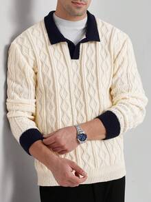 Manfinity CasualKnits Men's Casual Contrast Collar Dropped Shoulder Loose Pullover Sweater, Suitable For Daily Commute, Autumn/Winter - White - View 1