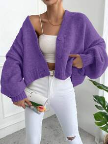 EURMUSE Women's Solid Color Drop Shoulder Long Sleeve Single Breasted Casual Loose Cardigan - Purple - View 6