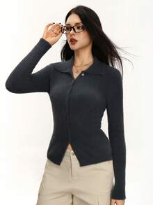 Áo len dệt kim cài nút màu trơn thường ngày cho nữ, mùa thu - Màu xám đen - Xem 5