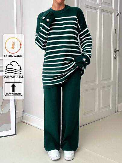 EURMUSE Women Stripe Pattern Round Neck Drop Shoulder Pullover & Sweater Pants Set,Petite Co Ord,Co Ord,Petite,Winter Clothes