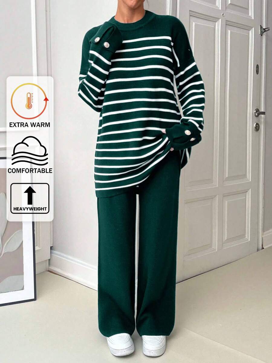 EURMUSE Women Stripe Pattern Round Neck Drop Shoulder Pullover & Sweater Pants Set,Petite Co Ord,Co Ord,Petite,Winter Clothes - Green - View 1
