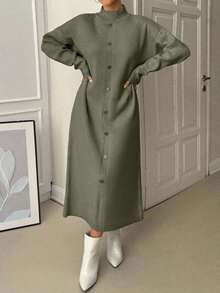 EURMUSE Elegantes Oversize-Maxi-Pulloverkleid mit Rollkragen und Knopf, Drop-Shoulder